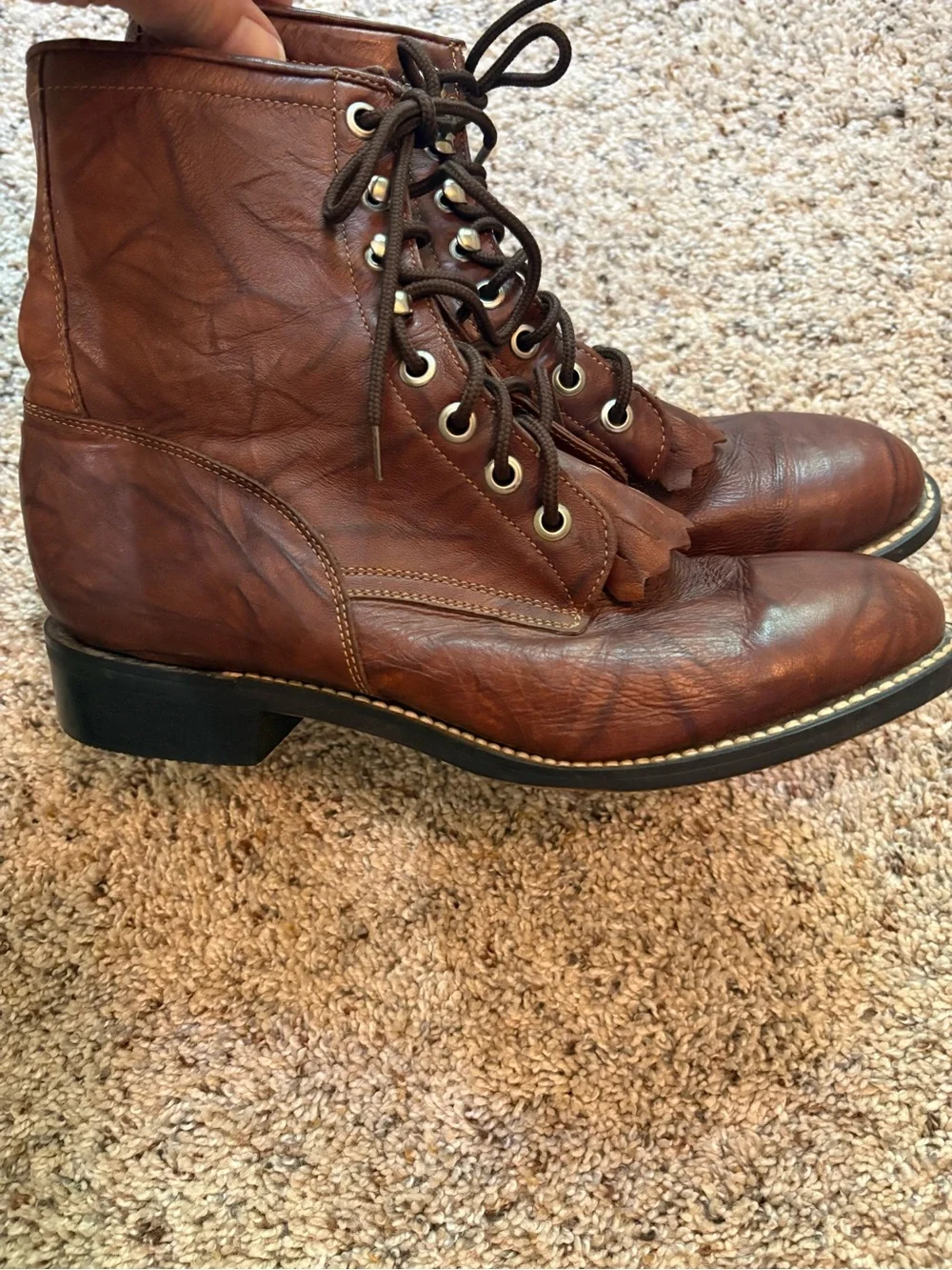 Justin Boots Chestnut Brown Leather Kids Lace-Up Ankle Boots Youth 4 1/2 NWOT
